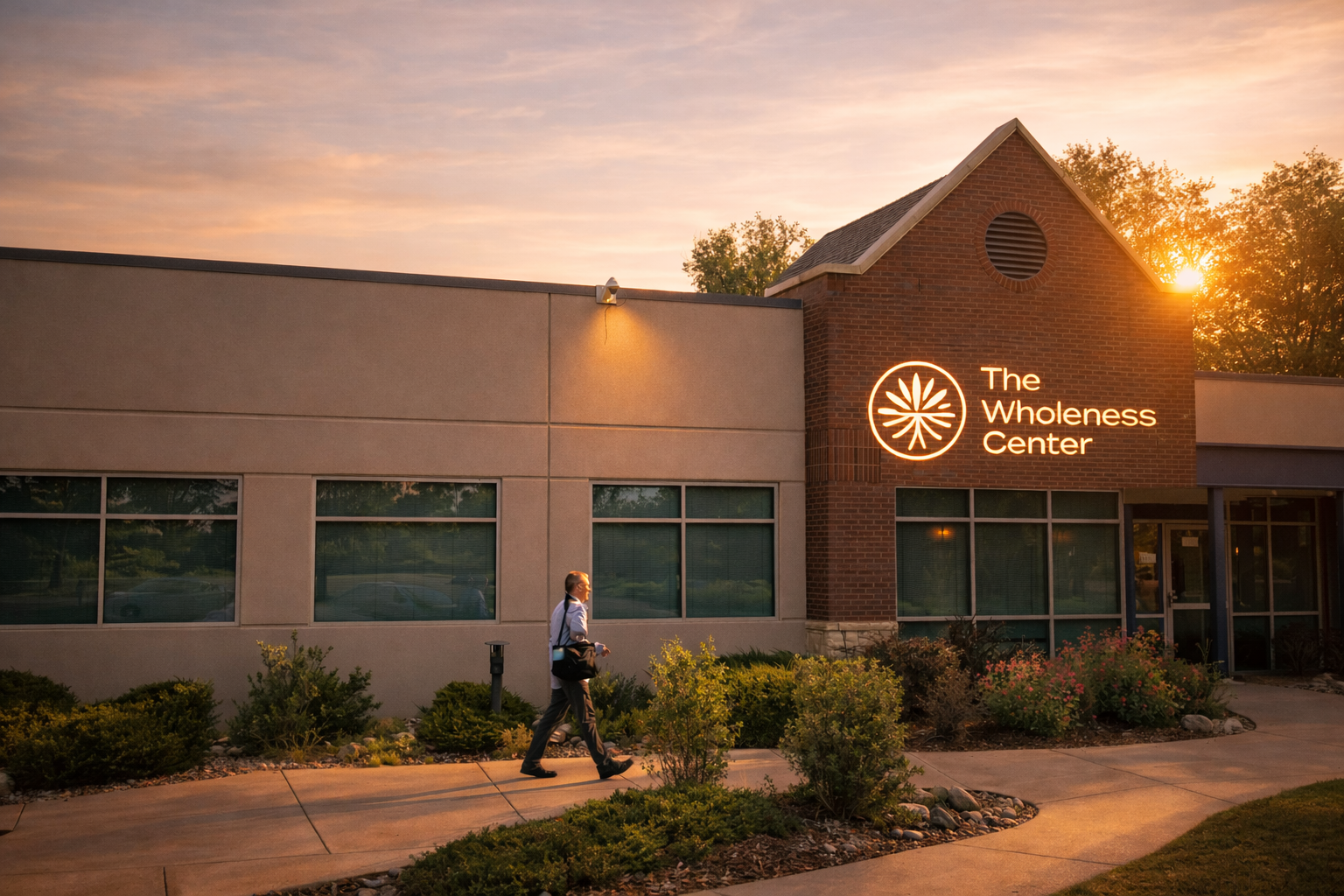 The Wholeness Center building exterior at sunset in Fort Collins, Colorado