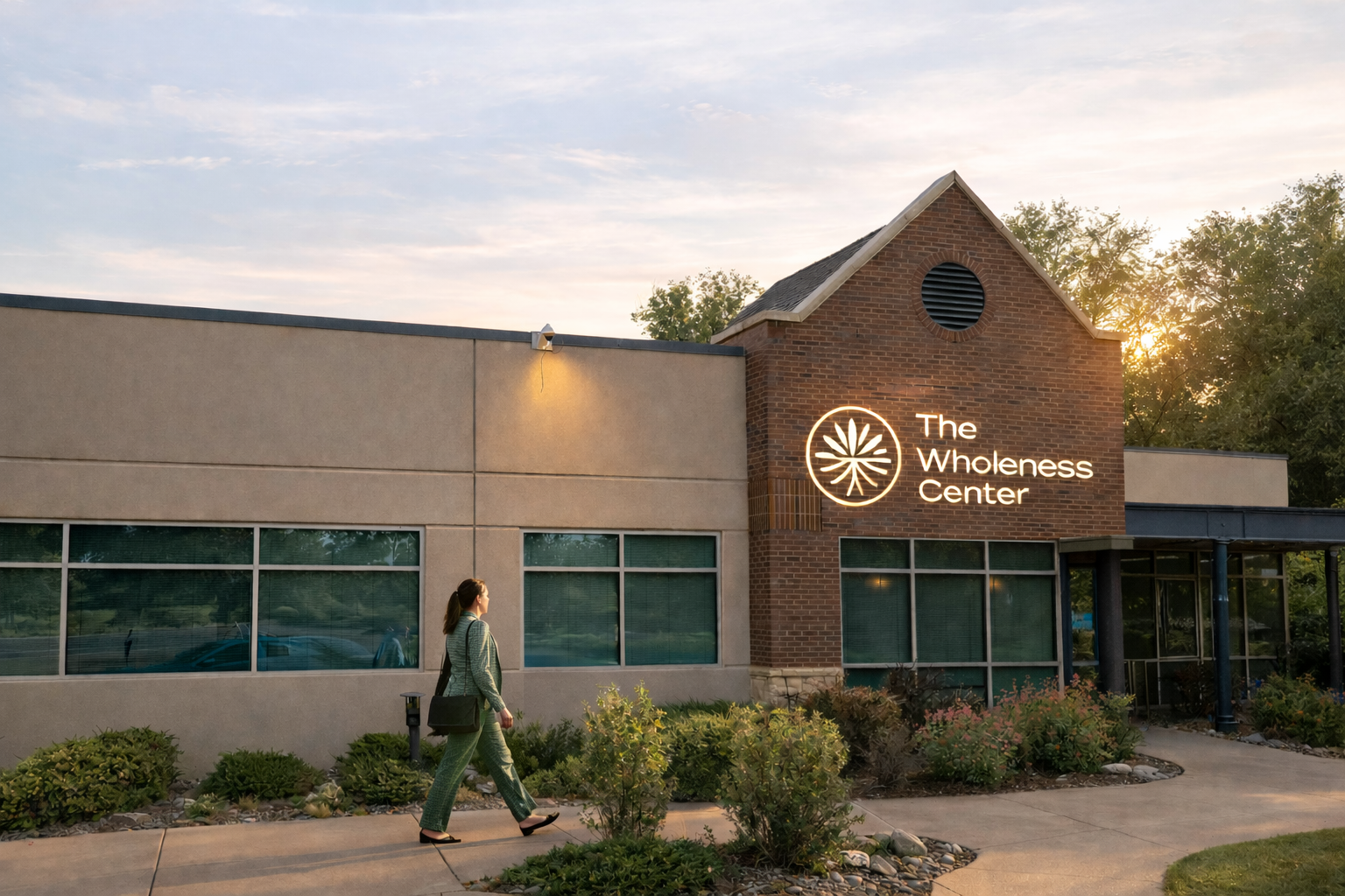 The Wholeness Center building exterior at sunset in Fort Collins, Colorado